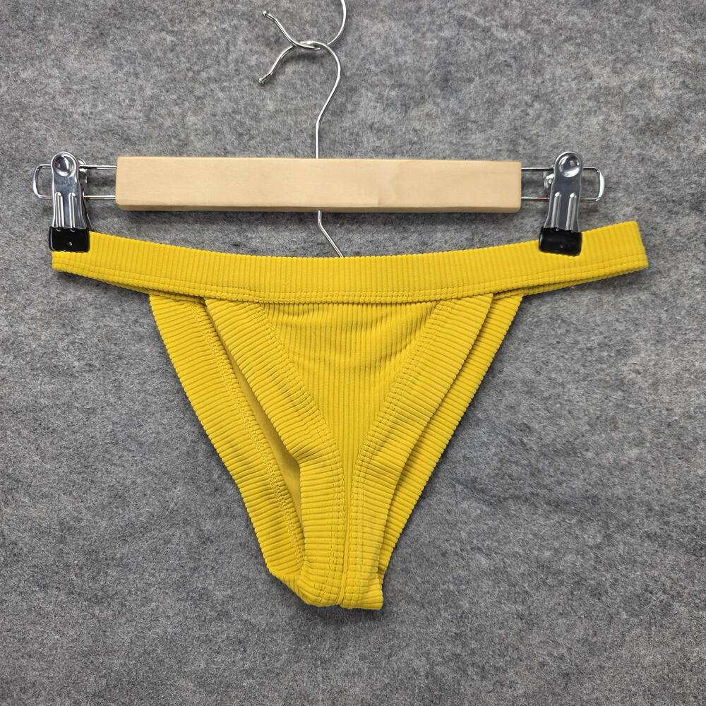Frankies Bikinis Bottom Womens M Yellow Cheeky Lined Ribbed Logo Swimwear